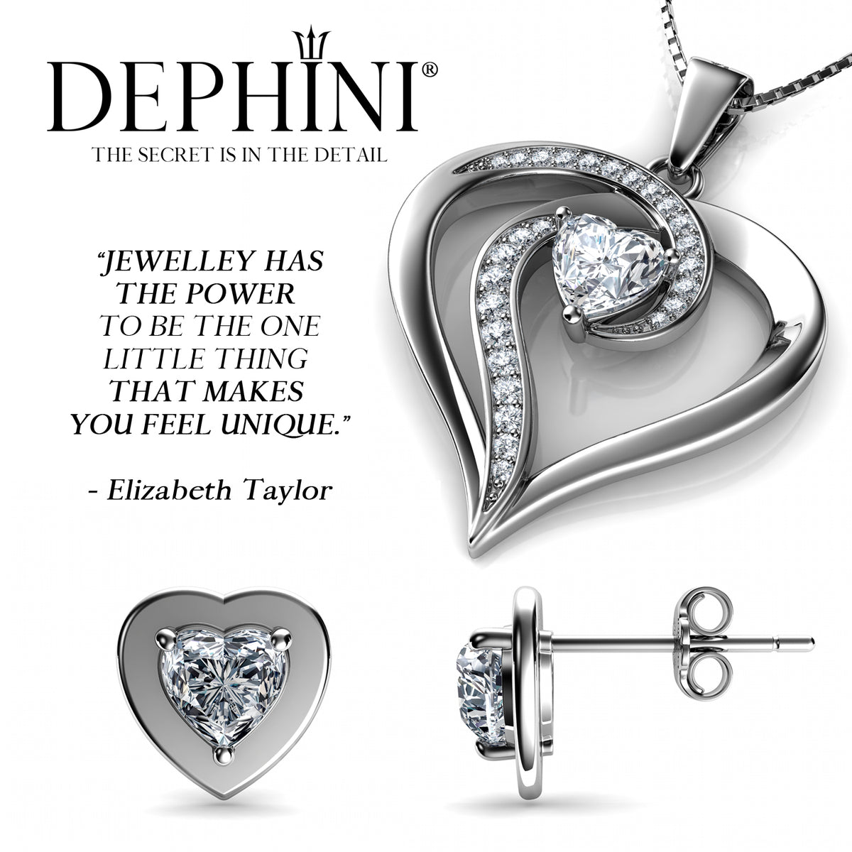 DEPHINI - Set di gioielli in cristallo - Orecchini e anello a forma di cuore - Argento Sterling 925 - Zirconia cubica, Argento Gemma