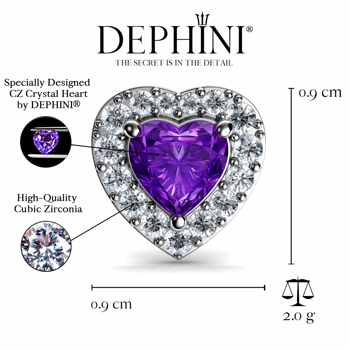 Purple Heart Earrings 925 Sterling Silver CZ Stud DEPHINI