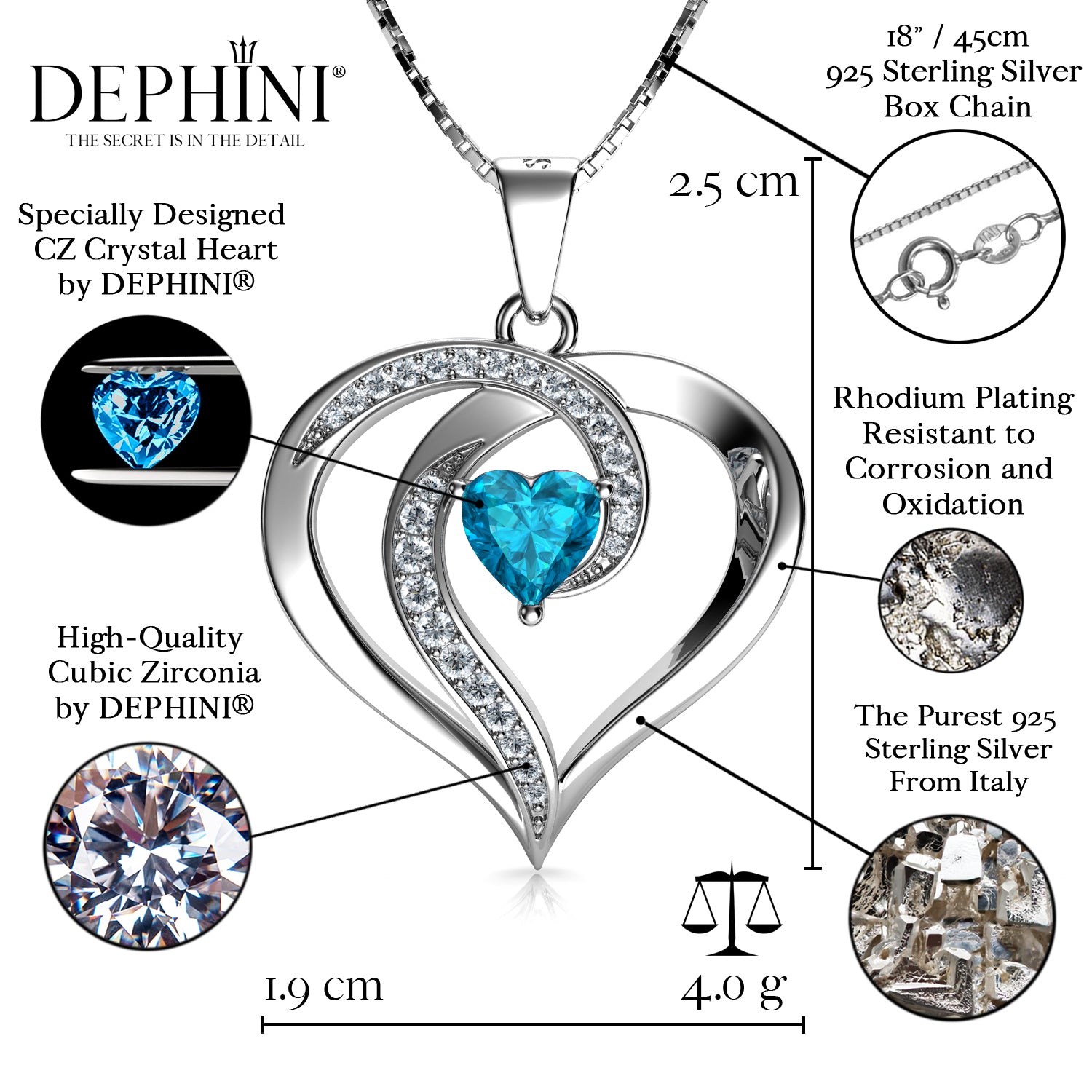 DEPHINI aqua necklace for Women 925 Sterling Silver Heart