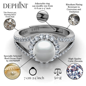 DEPHINI Silver Pearl Ring - 925 sterling silver CZ - Engagement ring for woman