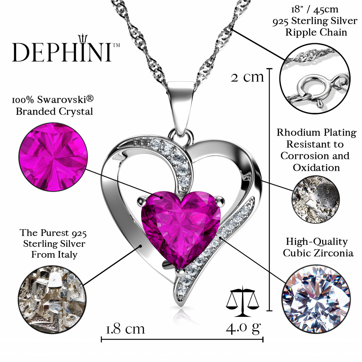 Pink Heart Necklace 925 Sterling Silver CZ Crystal DEPHINI