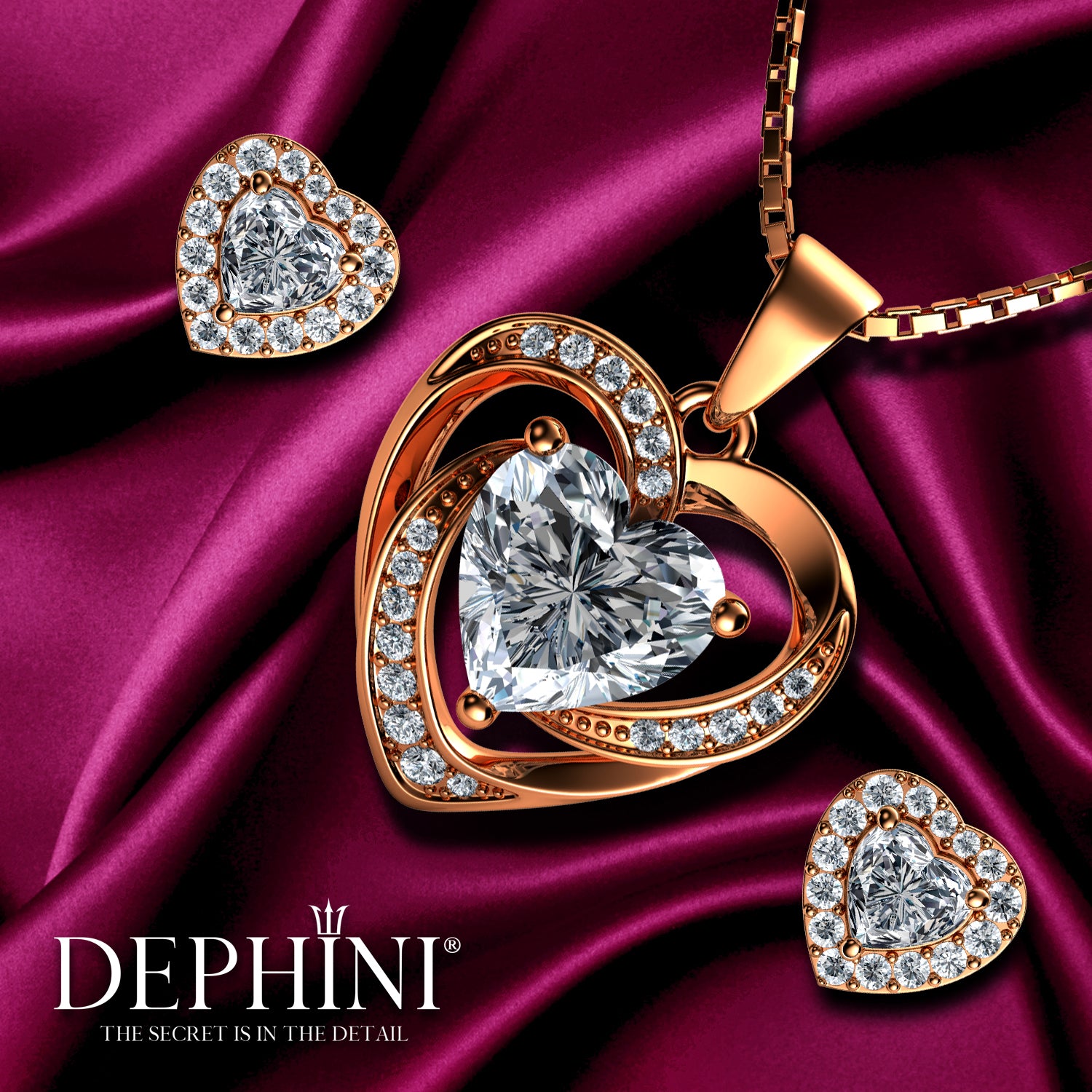 Rose gold heart jewellery set Necklace Earrings Dephini