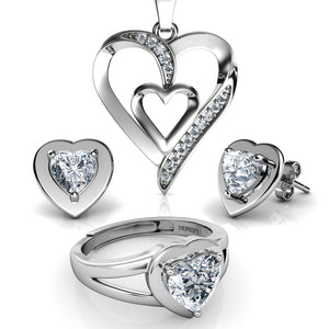 DEPHINI Pink Heart Necklace & Earrings Set - 925 Sterling Silver With Crystal, 18" Chain