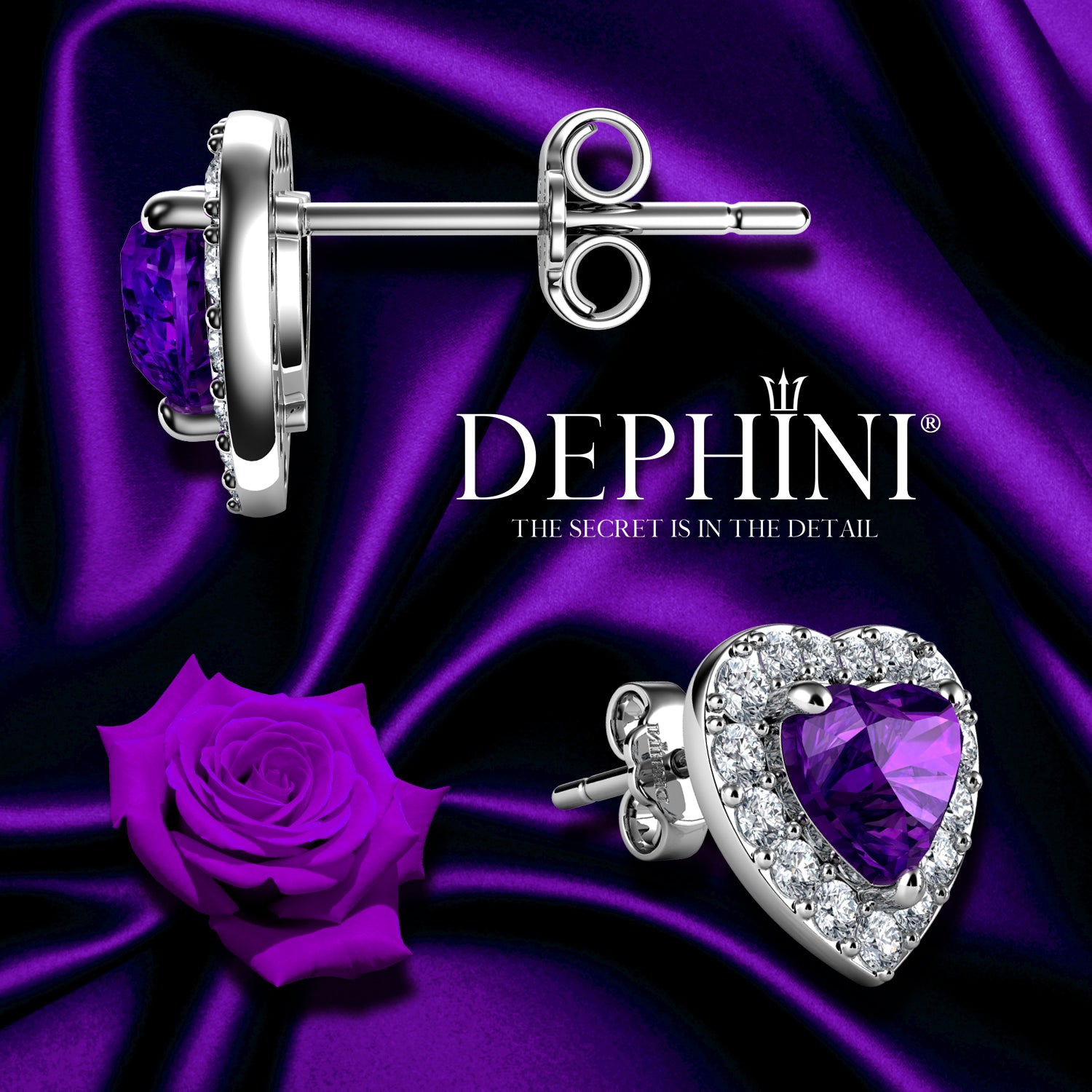 Purple Heart Earrings 925 Sterling Silver CZ Stud DEPHINI