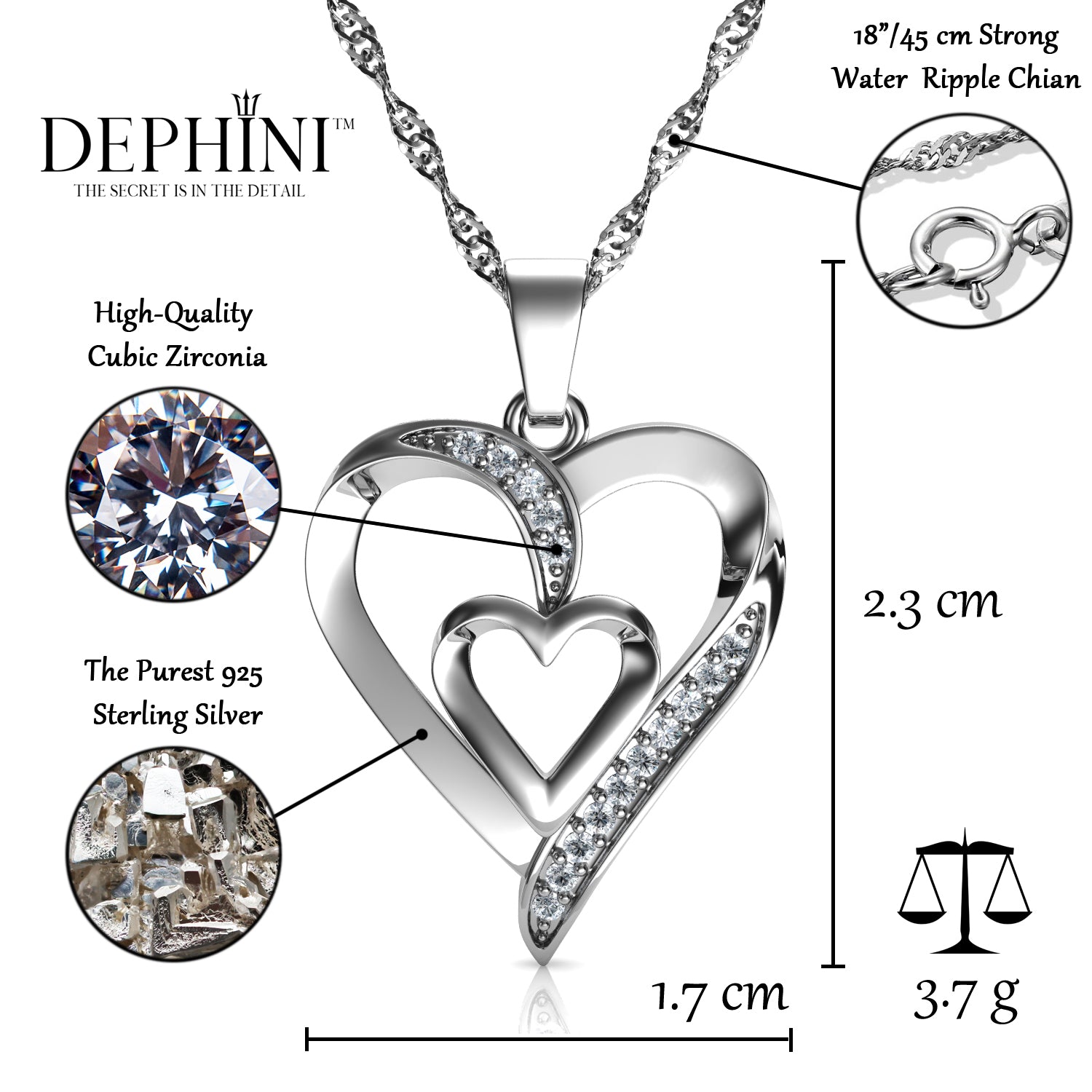 925 Sterling Silver Double Circle Pendant Heart Necklace Chain For