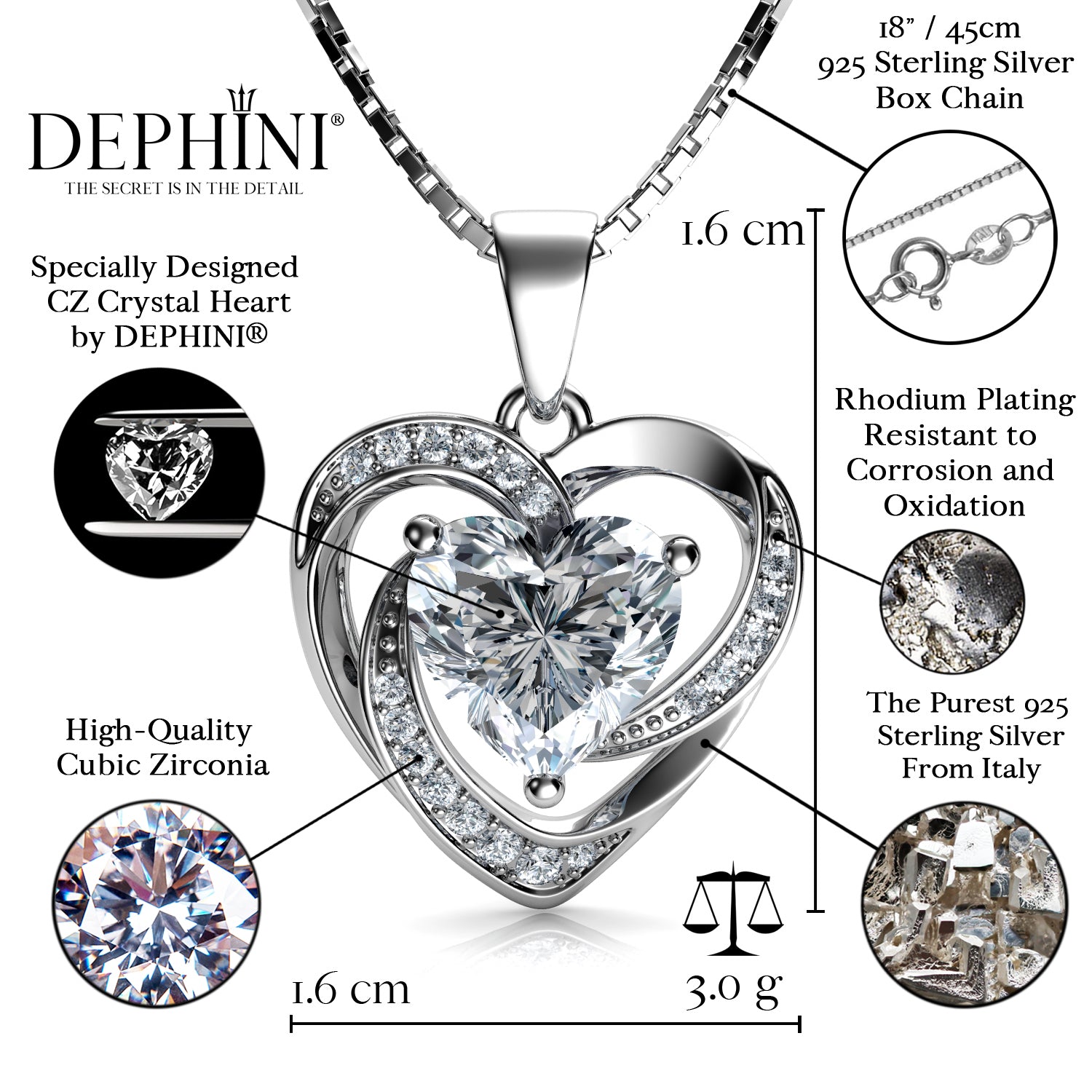 White Heart Necklace 925 Sterling Silver CZ Crystal DEPHINI